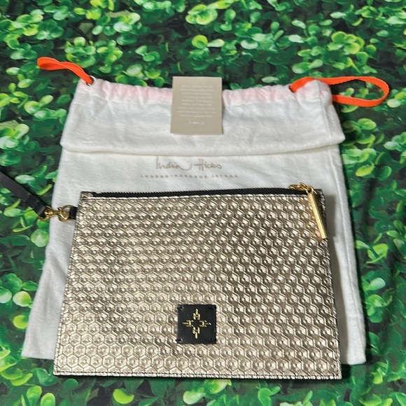 India Hicks Handbags - India Hicks Moonlight Metallic Gold Black Leather Clutch Wristlet NEW